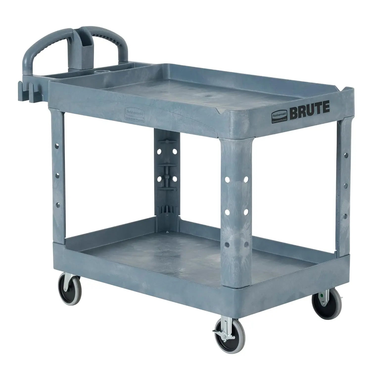 

Brute Heavy Duty 2-Shelf Utility/Service Cart, Medium, Lipped Shelves, Ergonomic Handle, 500 lbs. Capacity, Gray