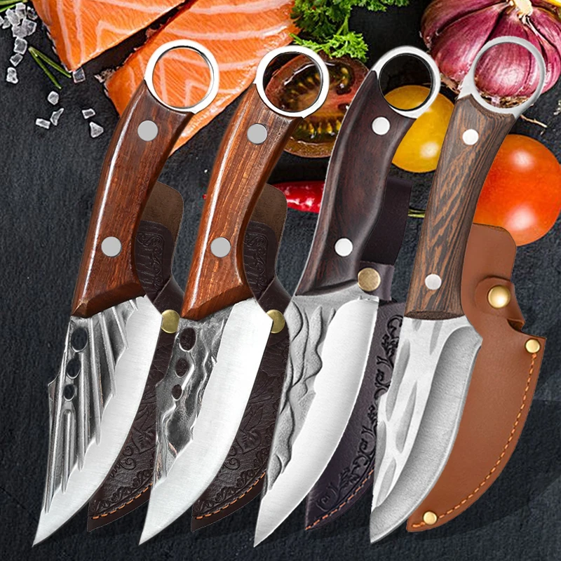 Bone Cleaver Knife Handmade Stainless Steel Butcher Meat Forged Kitchen Knives Boning Cutter with Sheath