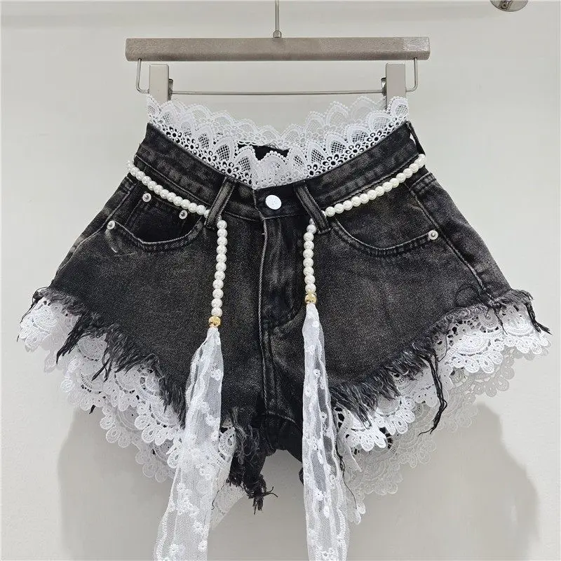 American Crochet Lace Denim Shorts with Pearl Sashes Summer Casual Fashion Women's Sweet Lace Patchwork Fringed Hot Jeans