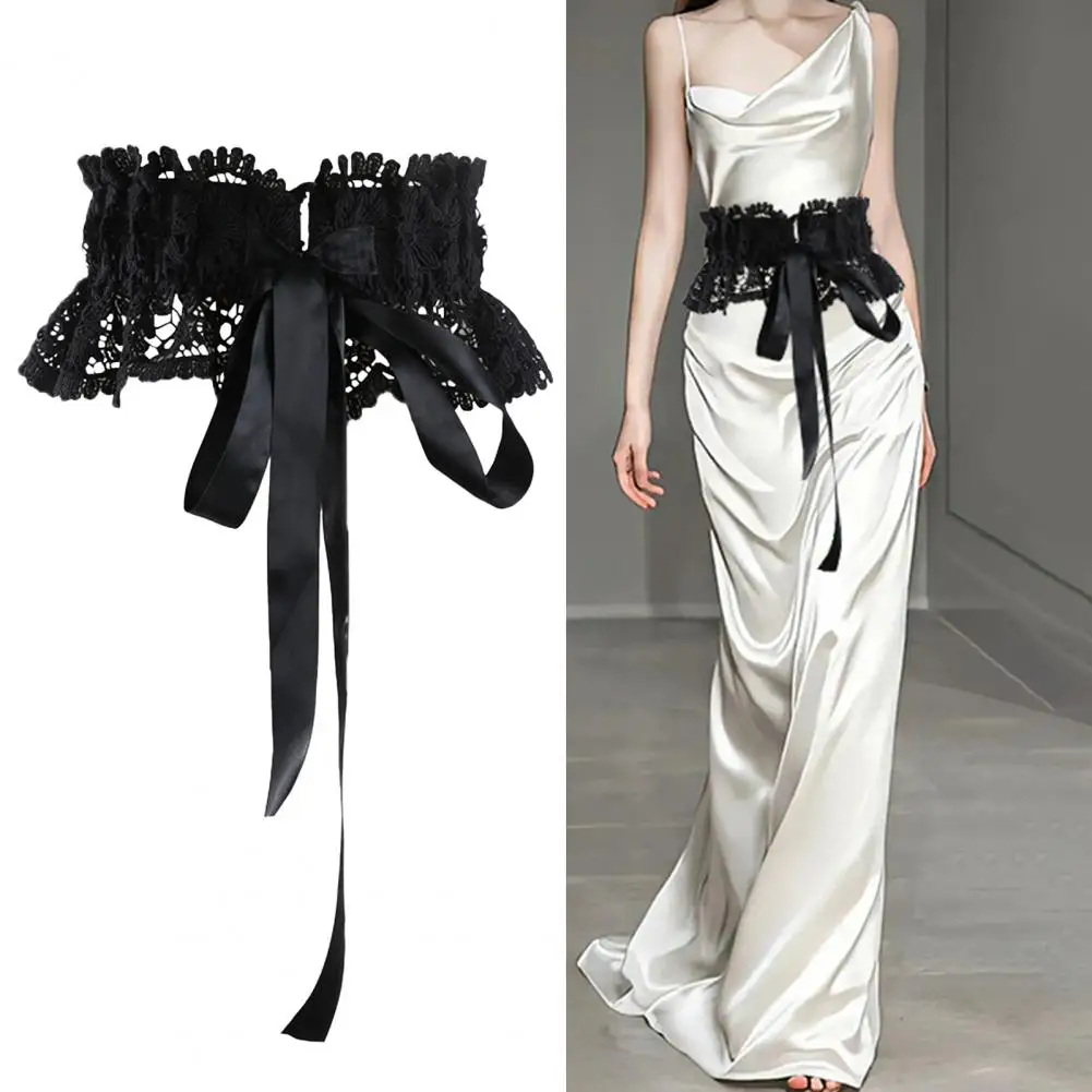 Women Girdle Embroidery Lace Flower Lace-up Wide Brim Waist Belt Adjustable Length Dresses Shirts Tops Waistband 95