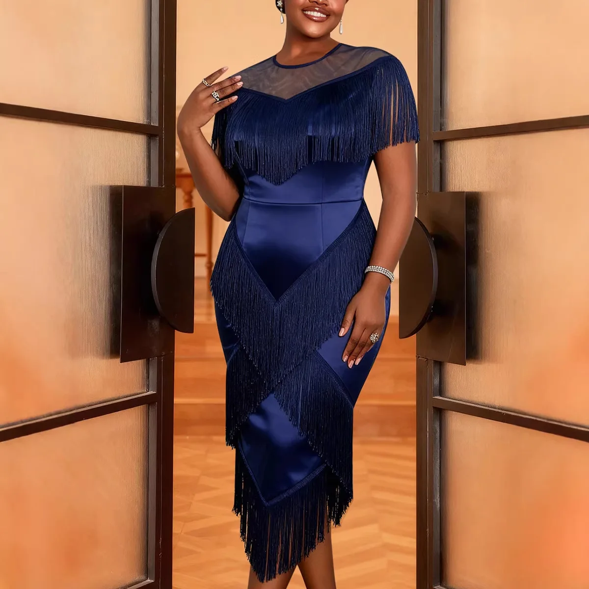 

Africa Clothing Dashiki African Dresses for Women Spring Summer Sleeveless Polyester Tassel Plus Size Bodycon Midi Dress