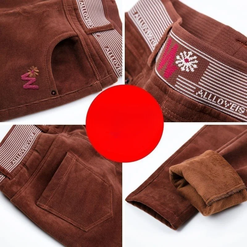 Fashion Trend Autumn Winter Corduroy Pencil Pants Women Solid Pockets Elastic High Waist Casual Plus Velvet Straight Trousers