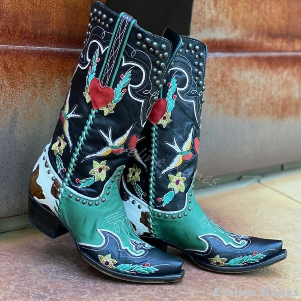 

Chunky Heel Pointed Toe Women Boots Embroidered Print Mid Calf 2025 Newest Mixed Color Boots Fashion Casual Spring/autumn Boots