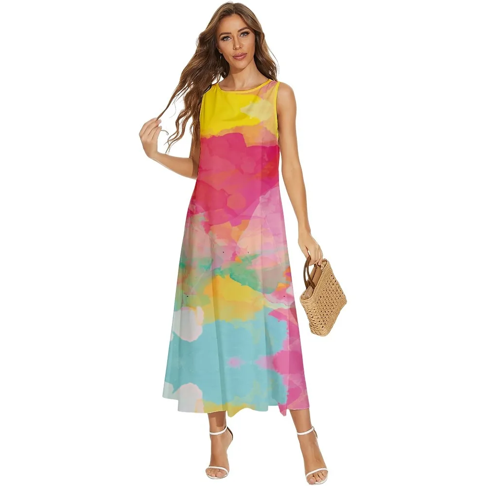 Lente Zomer Vrouwen Strand Lange Jurk Tie Dye Patroon Gedrukt Mouwloze Pocket Jurk Kleding Holiday Vestido