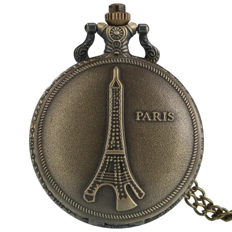 Old Fashion Paris Tower Design Men Women Quartz Analog Pocket Watch Full Hunter Clock Sweater Necklace Chain Souvenir Reloj