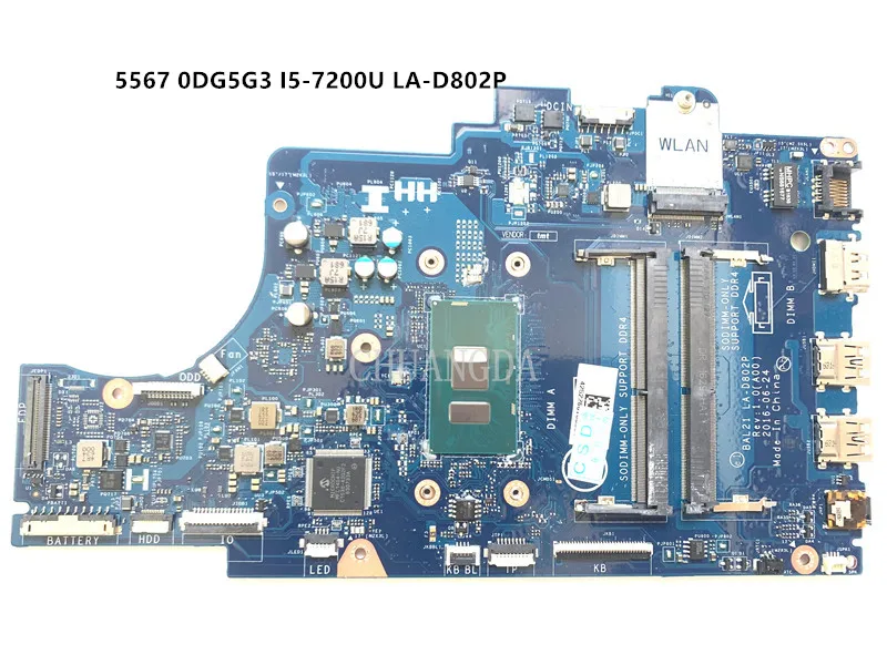 For DELL 15 5567 17 5767 Laptop Motherboard LA-D802P 0DG5G3 CN-0DG5G3 With I5-7200U CPU DDR4