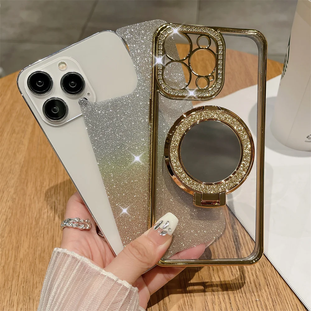 for Magsafe Glitter Bracket Soft Case for Samsung Galaxy S24 Ultra S23 S22 Plus Gradient Mirror Make Up Ring Holder Stand Cover