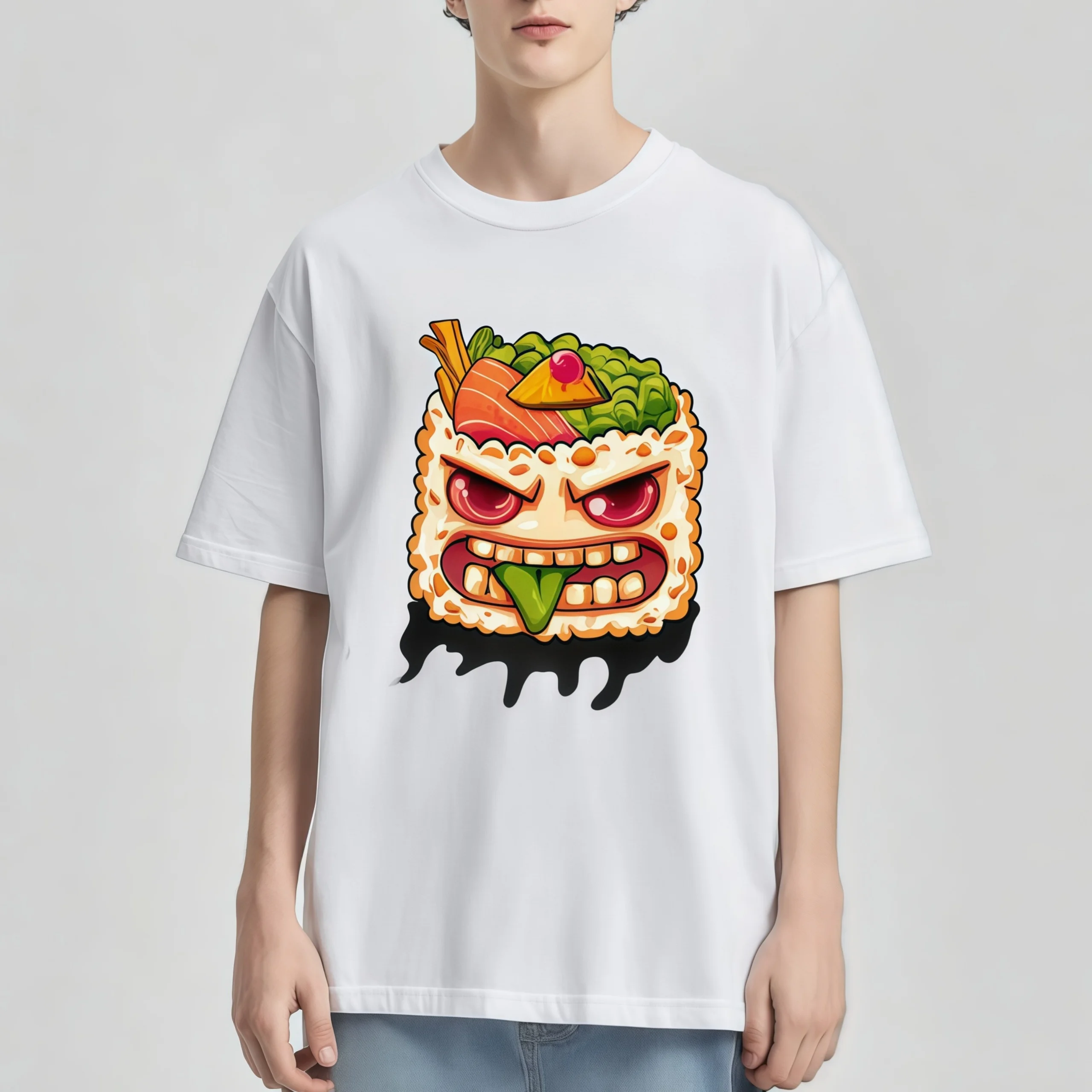 

Teevo White Short Sleeve T-Shirt with Fun Food Monster Print for Casual Wear