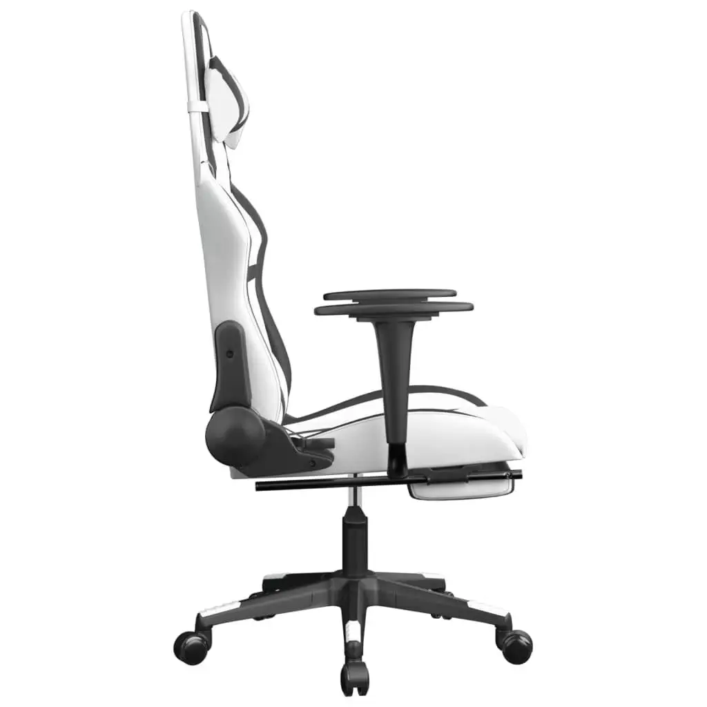 Cadeira ergonômica para jogos com apoio para os pés – design elegante em couro sintético branco e preto