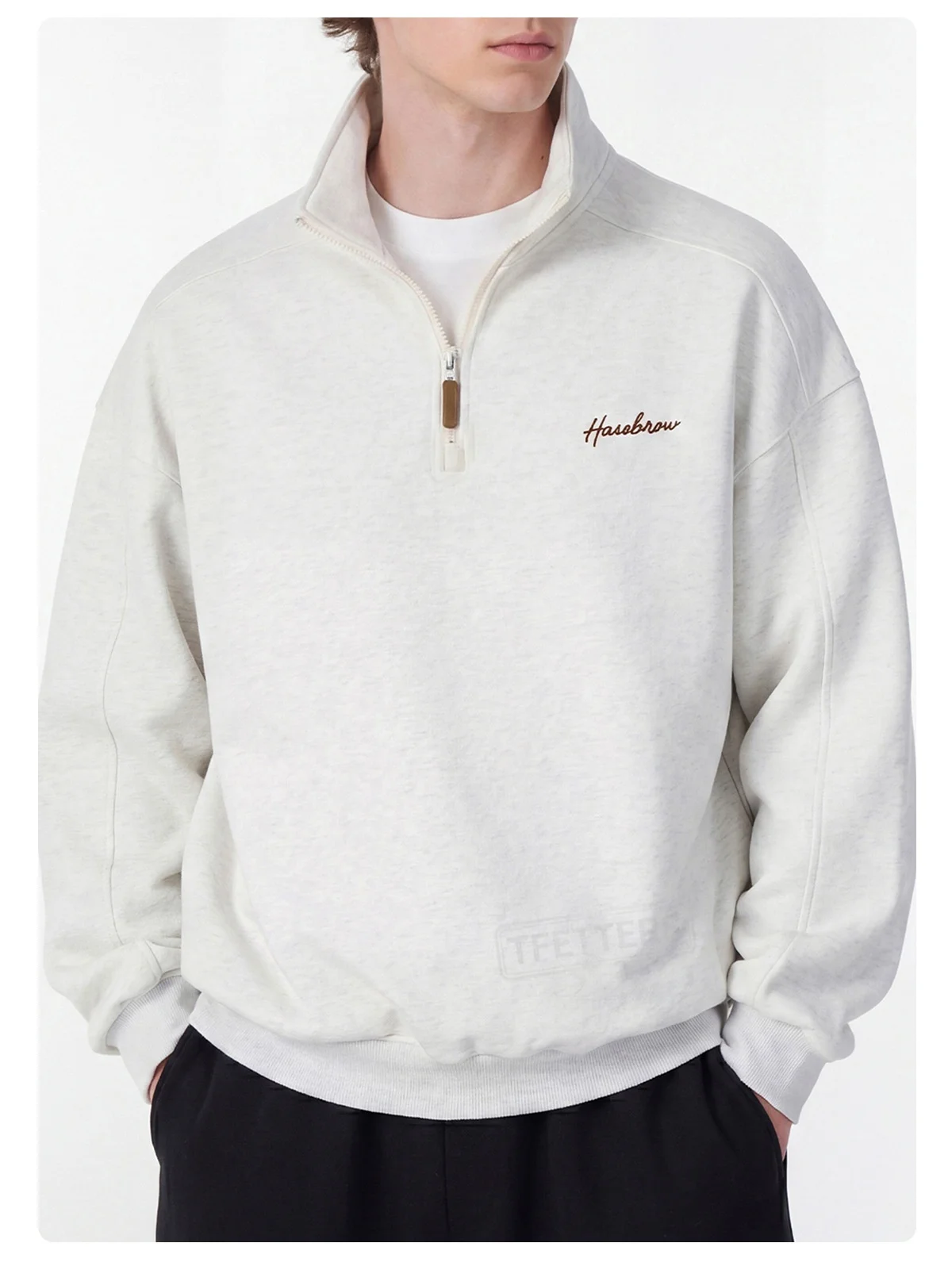 TFETTERS Fall Loose Cotton Half Zip Sweatshirt for Men Heather Gray Stand Collar Minimal Embroidered Casual Tops for Man EU SIZE