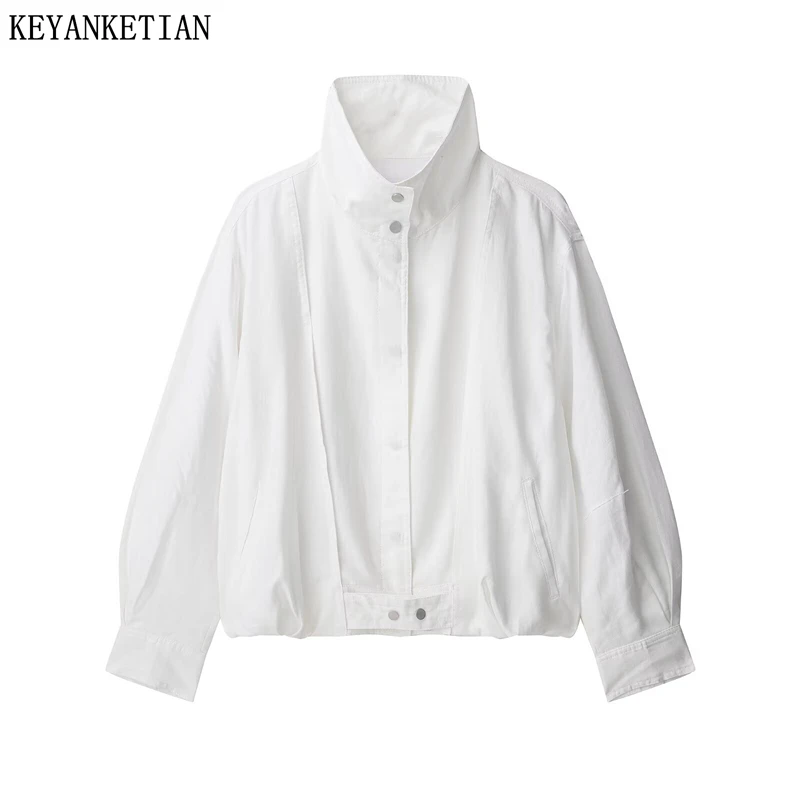 

KEYANKETIAN 2025 Autumn New Women's High Neck Pilot jacket Street style Covered Button Oversize Short Blazer Leisure Outerwear
