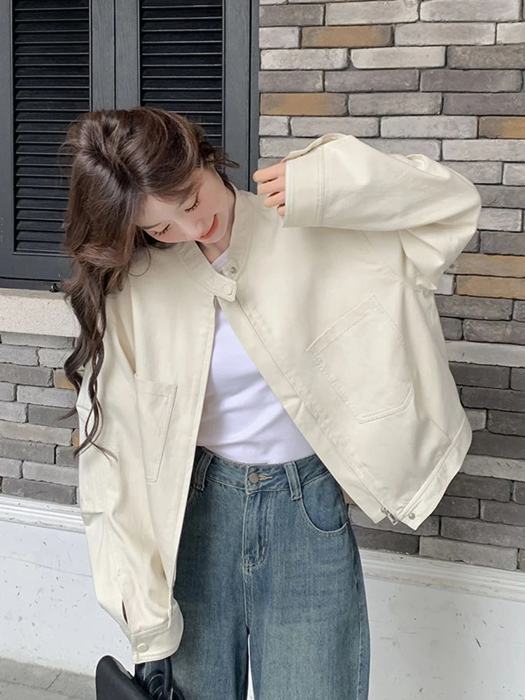 Preppy Style Women Cargo Jacket Loose Casual Long Sleeve Fall Sweet Coat Korean Fashion Zipper Solid Female Chic Cute Tops New