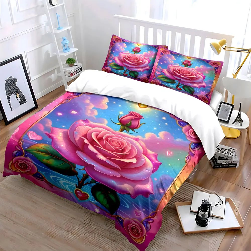 Dreamy Pink Rose Illustration Print Bedding Set 1 Duvet Cover 2 Pillowcases for Adult and Children Luxury Gift Full Size
