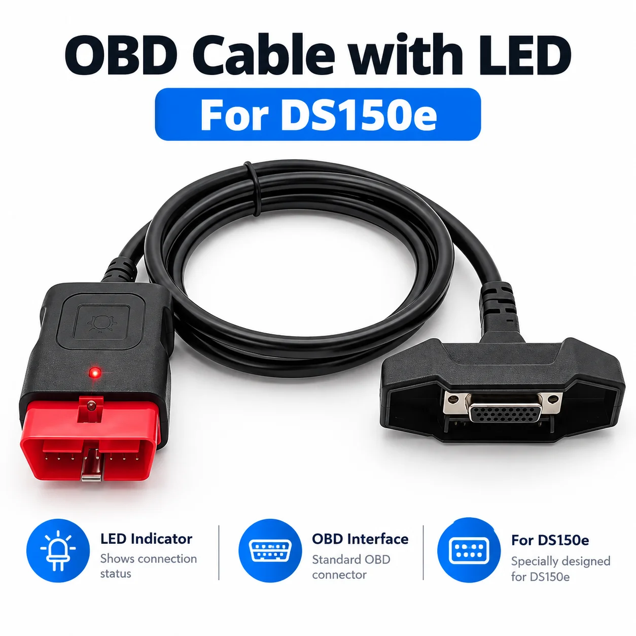 OBDII OBD2 Diagnostic Cable with LED Indicator Replacement Cable for DS150e Multi-Diag VD150