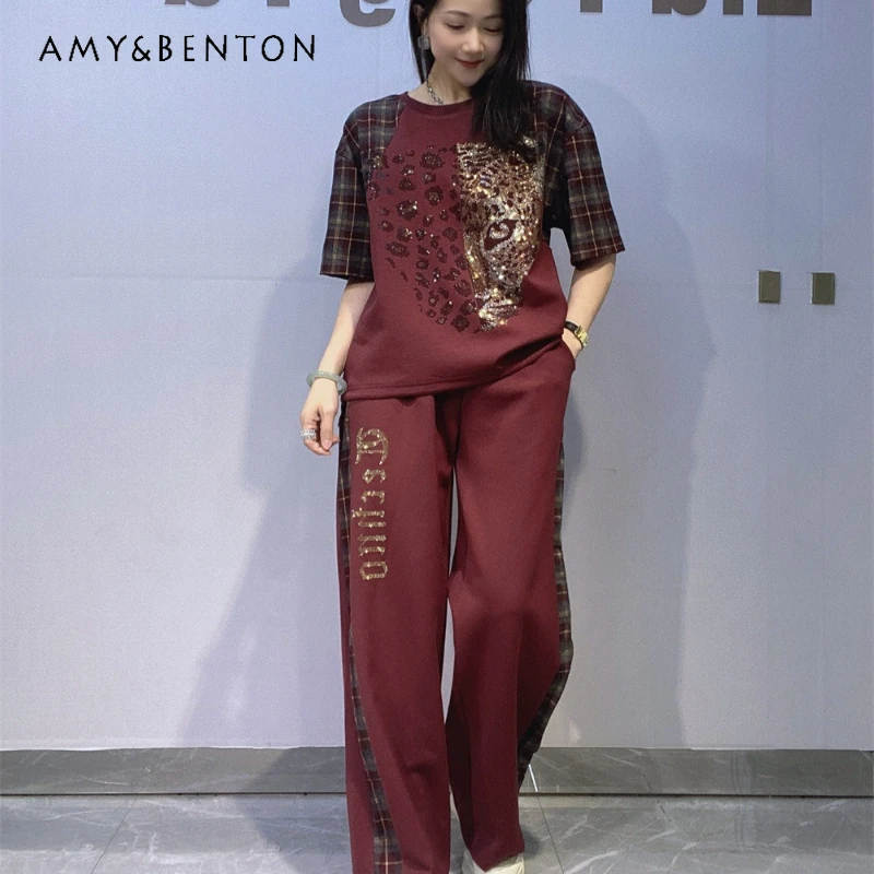 

Women's Plaid Patchwork Rhinestone Loose Short Sleeves O-neck T-shirt Summer Y2k Casual Straight Pants Two-Piece Set For Ladies