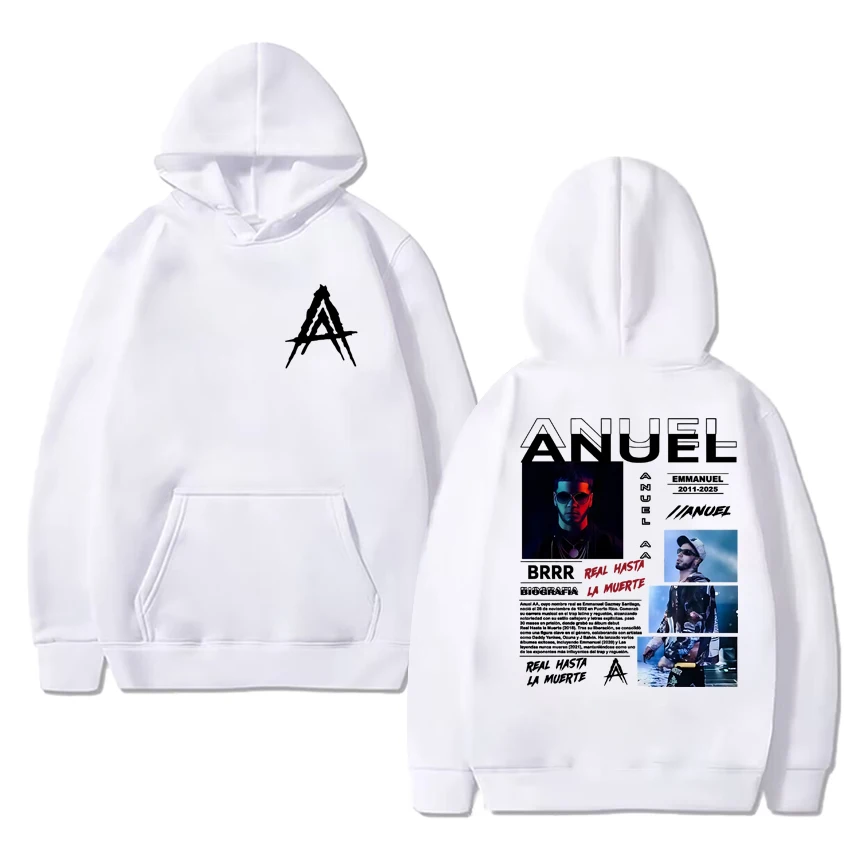 Anuel AA Real Hasta La Muerte 2025 غطاء مطبوع مزدوج الجوانب هوديس الرجال النساء خمر الهيب هوب الشارع الشهير للجنسين كنزة صوف