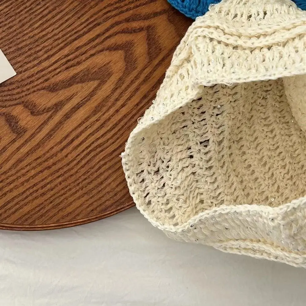 Y2k Style Flower Knitted Caps Hand-woven Hollow Beanies Cap Solid Color Breathable Sequin Crochet Hat