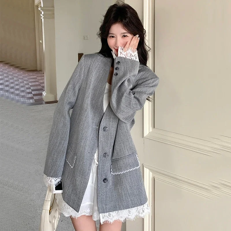Women's Outerwear 2025 Spring Loose Korean Version Lace Patchwork Gray Long Sleeved Suit Jacket Design Niche Waist Slimming Top