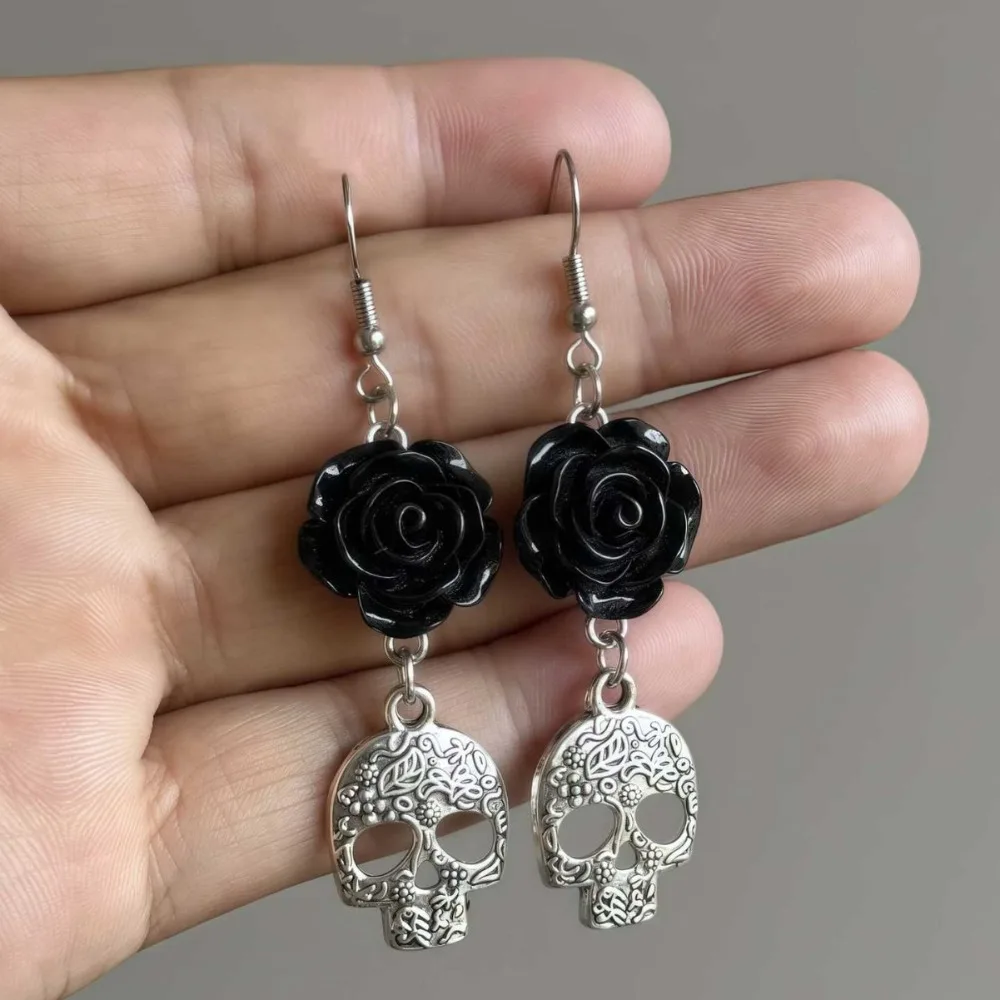 Gothic Black Rose Flower Silver Color Skull Pendant Dangle Earrings for Women Day of The Dead Halloween Party Vampire Jewelry