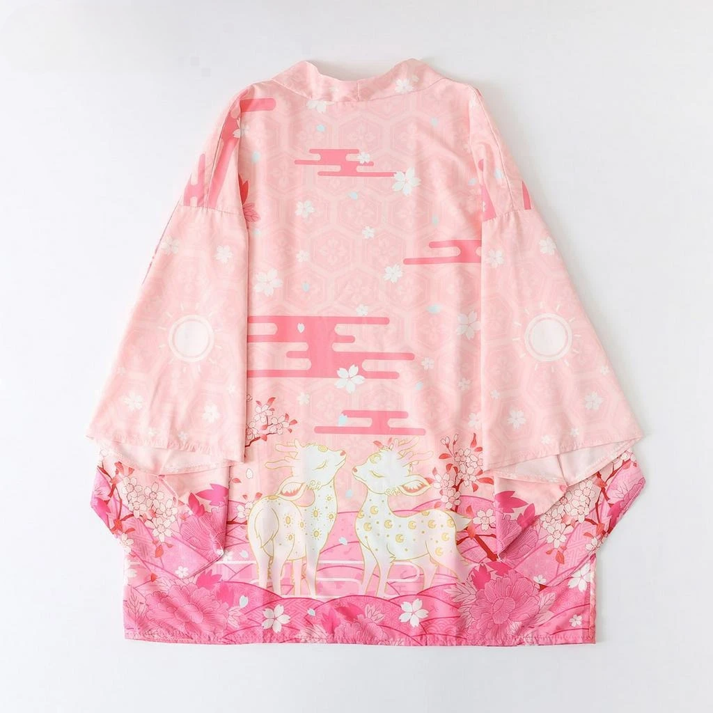 جديد الصيف فضفاض الوردي الأزرق الأيائل طباعة اليابانية الشارع الشهير سترة النساء الرجال Harajuku Haori كيمونو تأثيري بلوزة يوكاتا