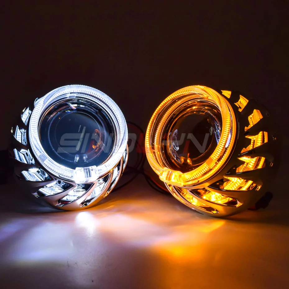 2.5 inch hyperboloid bi led lenses with white yellow spiral shrouds.