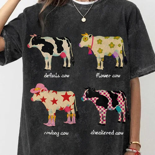 Imagen 1 del producto Camiseta con estampado de vaca de dibujos animados, algodón puro, hombros lavados, cuello redondo, estilo Neutral, tendencia de moda, nuevas mangas cortas de alta calidad