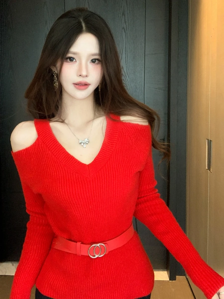 Sexy Red Knitted Shoulder Bared Women's Slim Fit Pure Color Top Commuter Versatile Simple Style Long Sleeve V Neck Knitwear