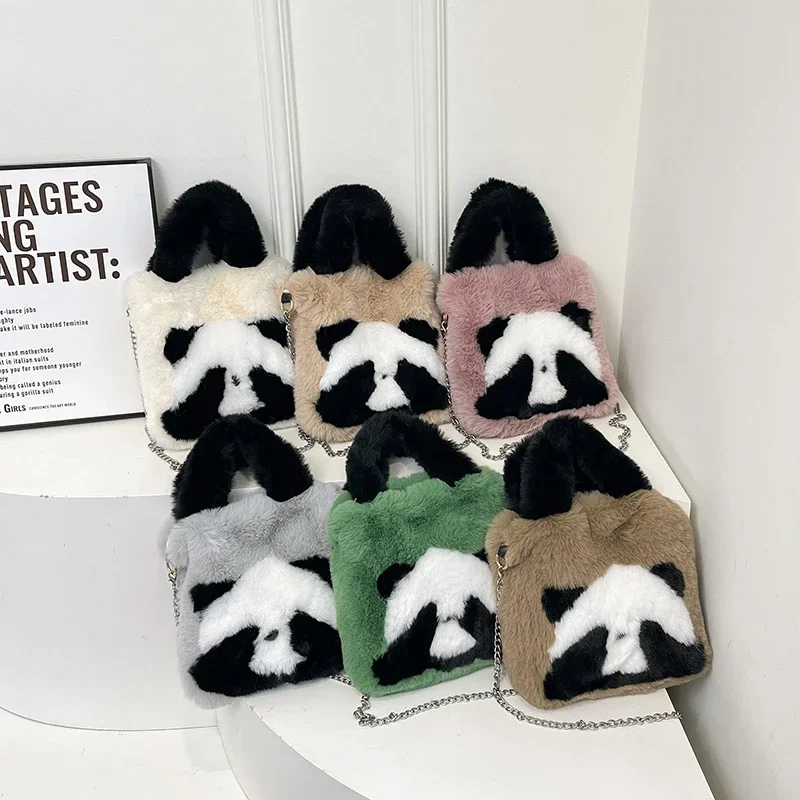 Lovely Fashion Advanced Feeling Handbags 2024 New Mink Fur Panda Cartoon Large Capacity Versatile Western Style Crossbody Bag