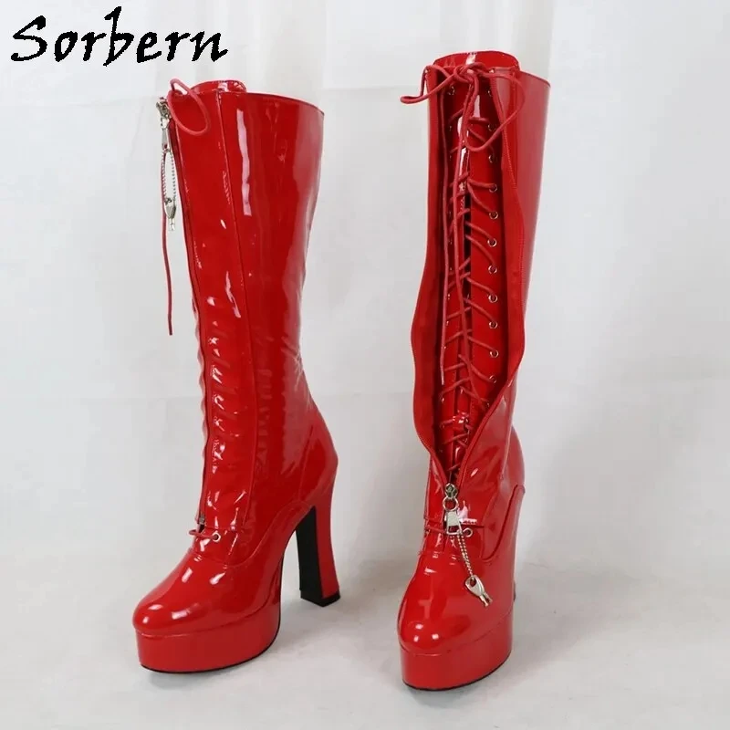

Sorbern Retro Knee High Boots Women Lockable Zipper Block High Heel Cosplay Fetish Lace Up Boot High Heel Customized Size 36-46
