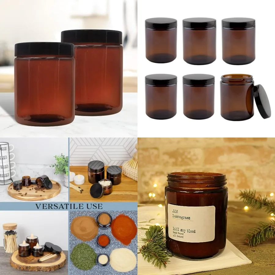 

8oz/ 9oz Amber Glass Jars Pack of 6 Straight Sided Cosmetic Jars, Great for Body Butter, Creams, Stash Jars, Etc.