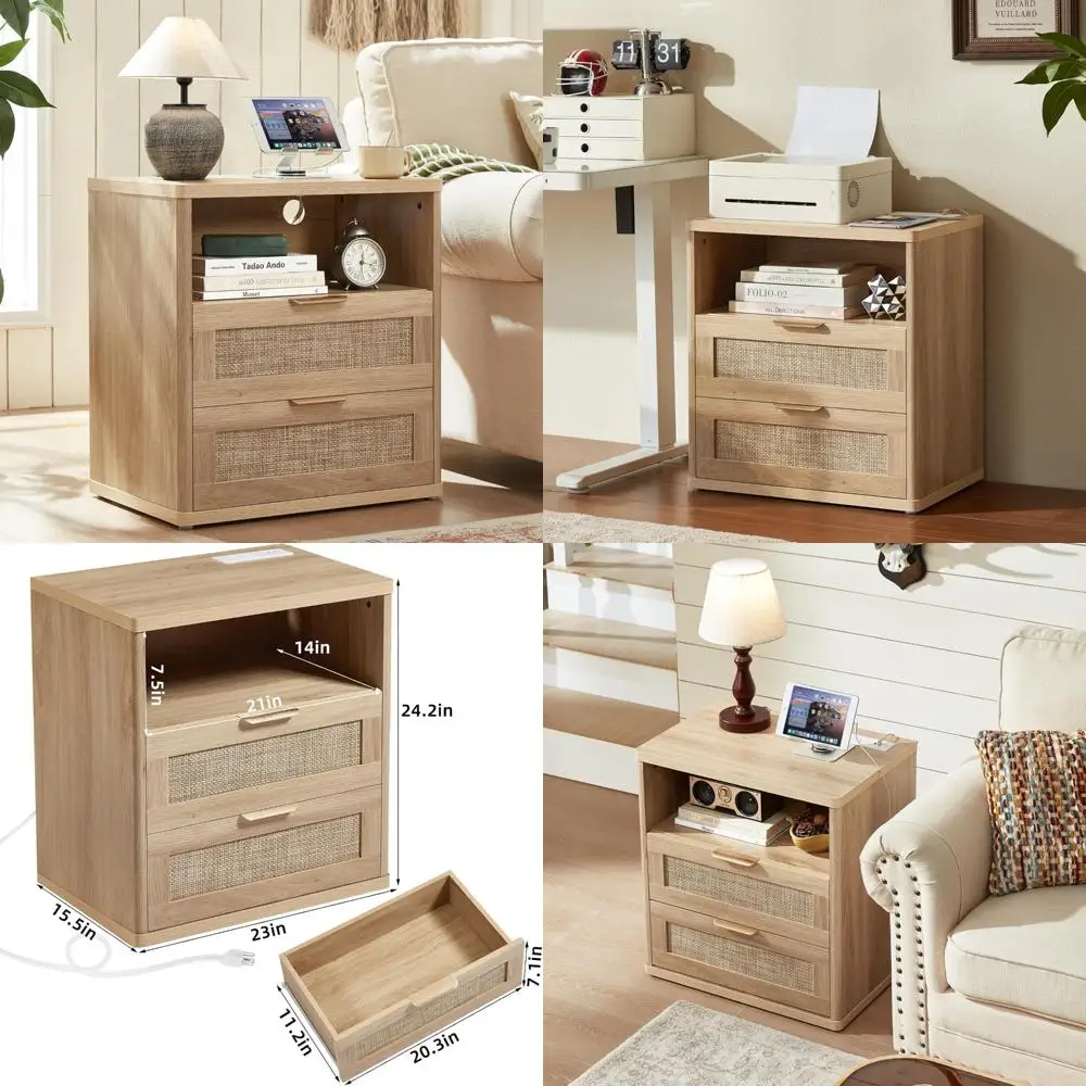 rattan night stand with charger station, 23