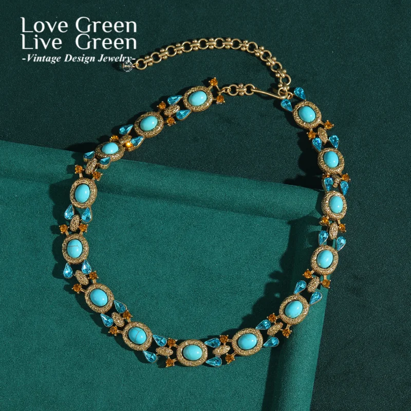 

Ожерелье-чокер из натуральной бирюзы, роскошное женское ожерелье с воротником и каплями воды, ювелирные изделия с кристаллами на шее, винтажные украшения 2025