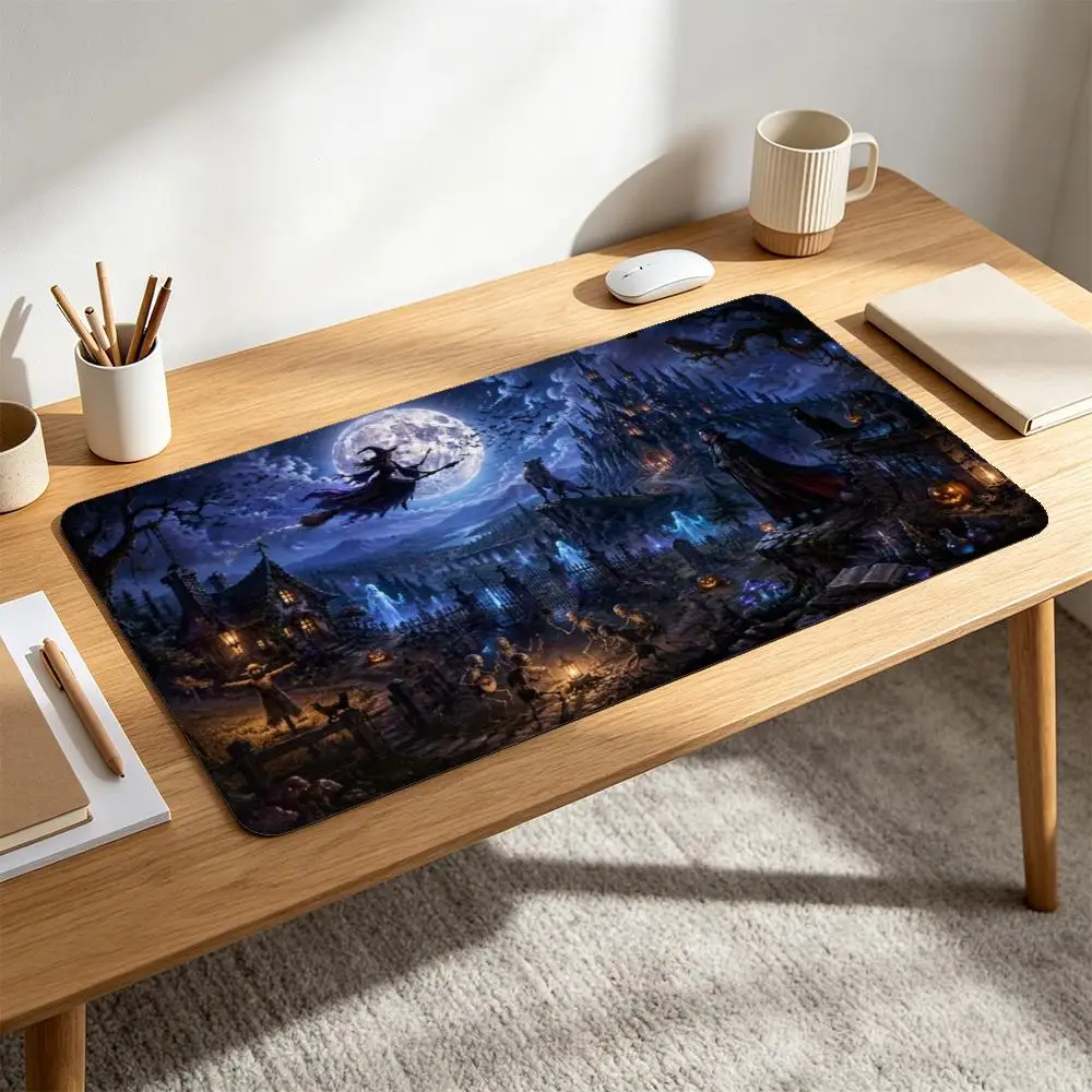 Halloween Fantasy Witch Vampire Ghost Playmat, Non-Slip Rubber Large Desk Pad, Gaming Mousepad for Trading Card Game & PC Gaming