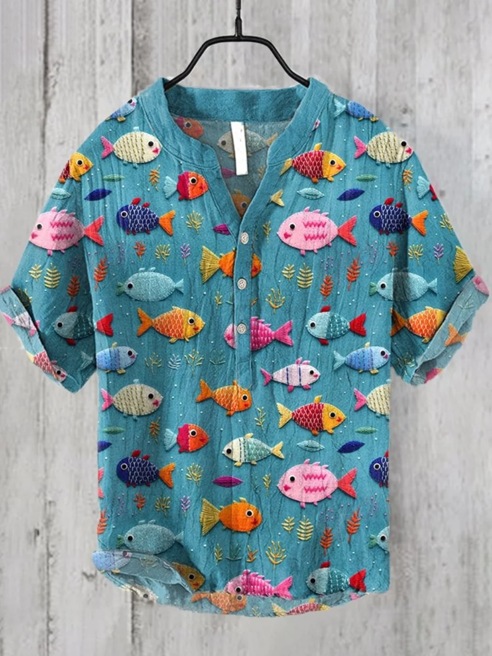 Summer Men's Short-Sleeved Pullover, Japanese Retro Art Print 3-Button V-Neck Linen Shirt, Daily Casual Vacation Men's Top
