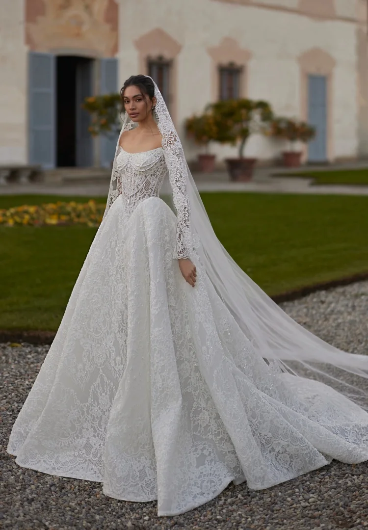 Luxury Wedding Dress Lace Vestido De Novia Boda Civil Sencillo Y Elegante Blanco Princesa Manga Larga A Line Basque Waist Bride