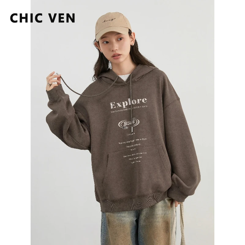 CHIC VEN bluzy damskie luźne Casual Sport New Vintage bluza z kapturem z nadrukiem pluszowy top damski sweter jesienno-zimowa 2024