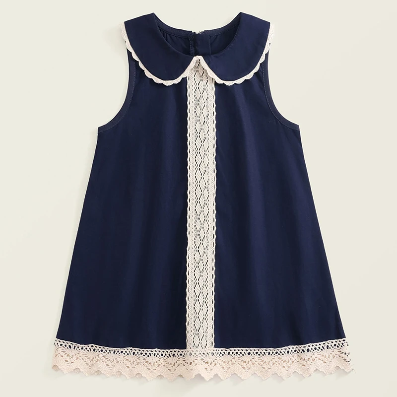 

Summer Girls Luxury Dresses Korean Fashion Doll Collar Lace Mesh Sleeveless Denim Princess Dress Boutique Kids Clothing BC1703