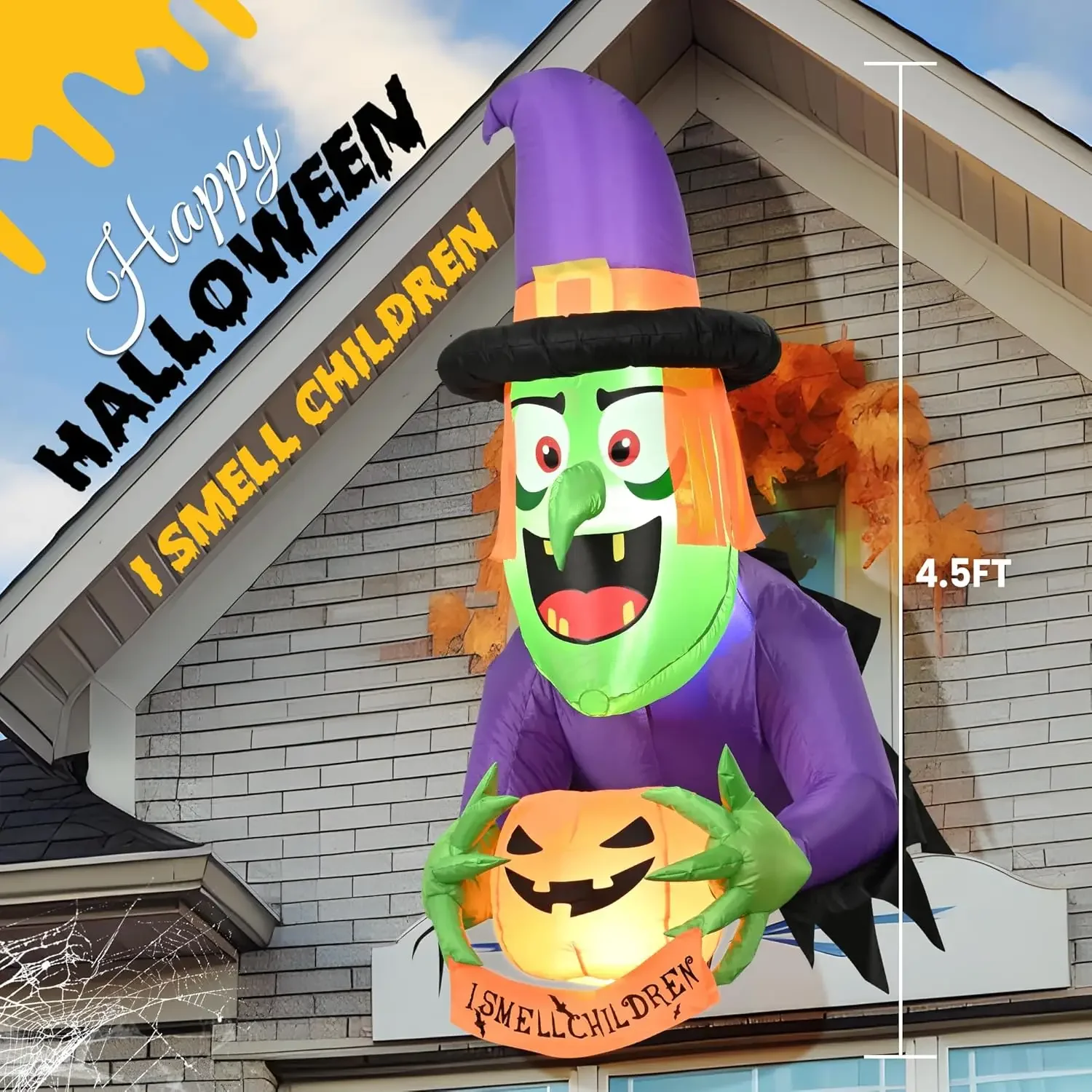 Window Decorations Outdoor Blow Up with I Smell Children Banner, Build-in LED Halloween Decor Indoor Outside Yard Garden Lawn