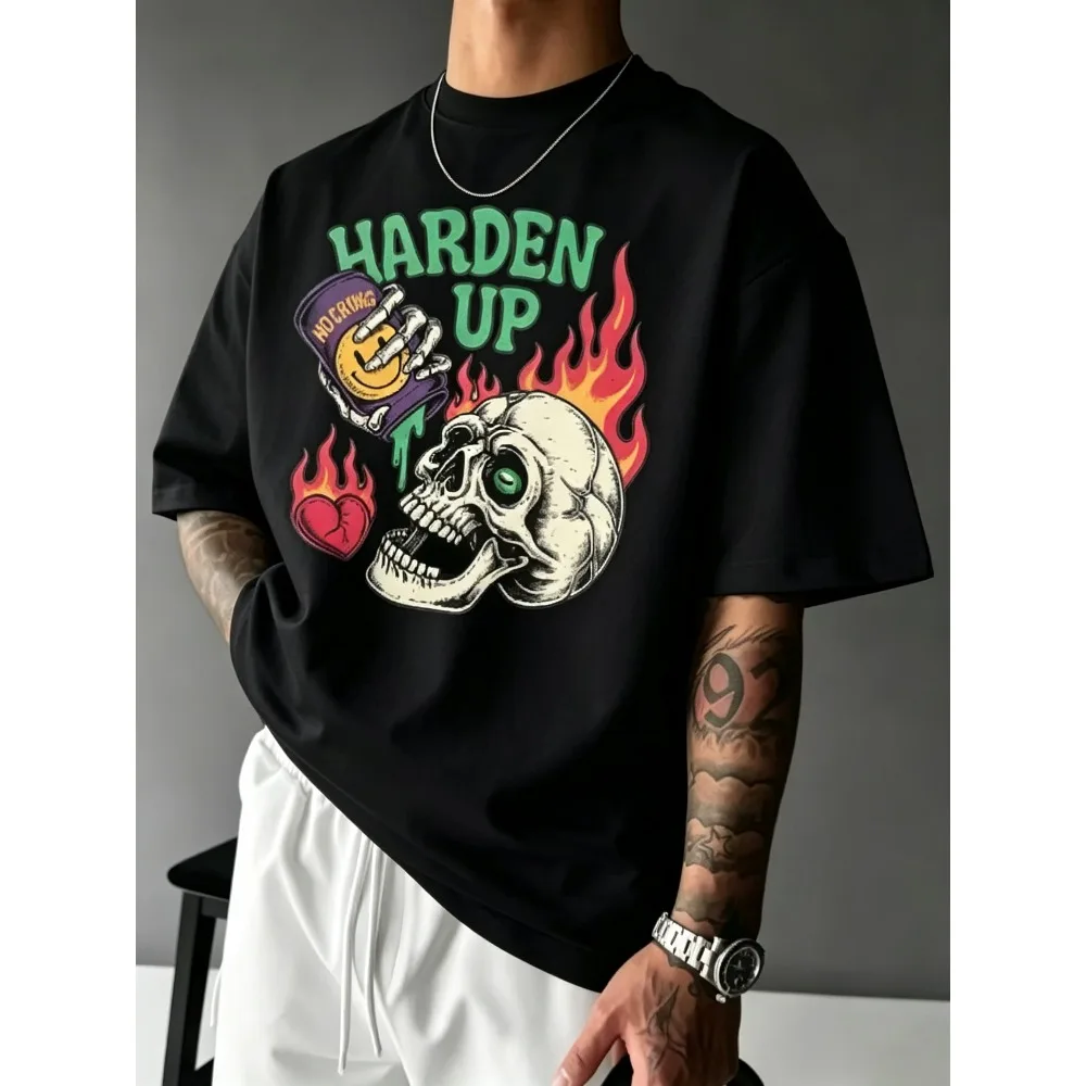 2026 New Harden Up Skull Graphic T-shirt Men Women Flame Broken Heart Print Short Sleeve Tops Y2K Streetwear Casual Summer Tees