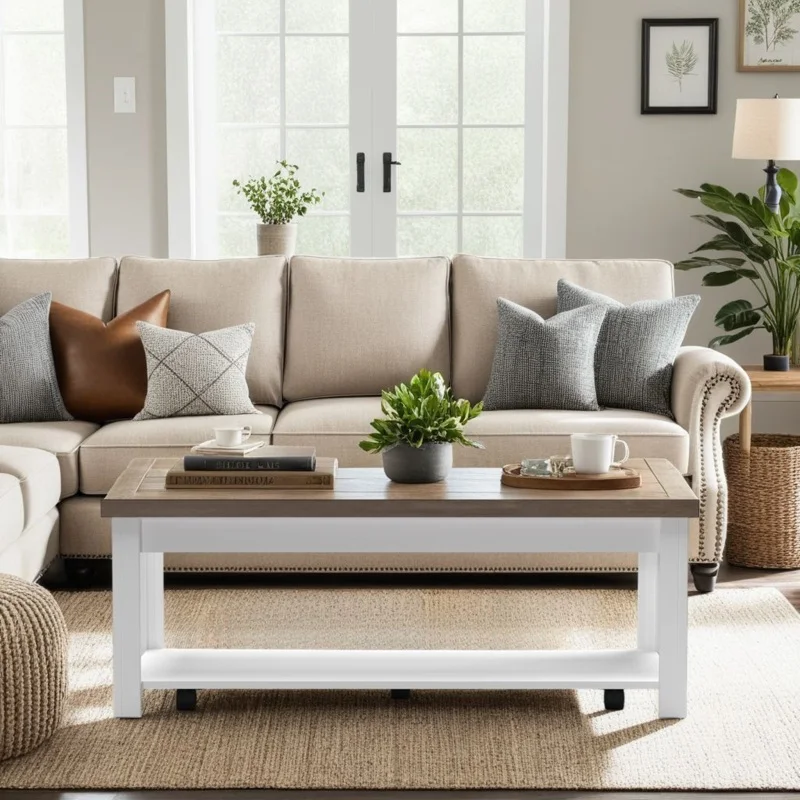 48 inch Hampton Coffee Table, No Assembly Required, Jasmine Whitewash and Barnwood Finish