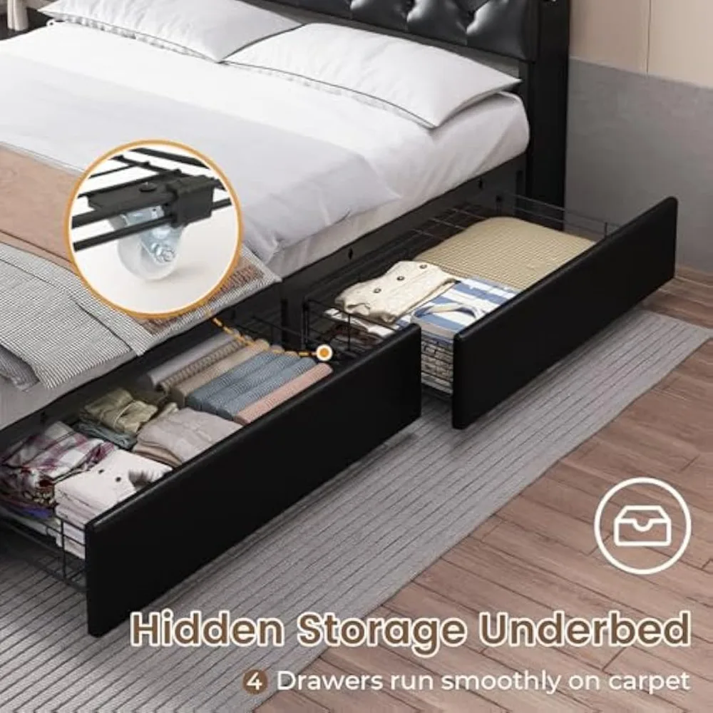 Queen Size Bed Frame with 3-Level Headboard, Storage and Upholstered LED Lighting, 4-Drawer Charging Station Included