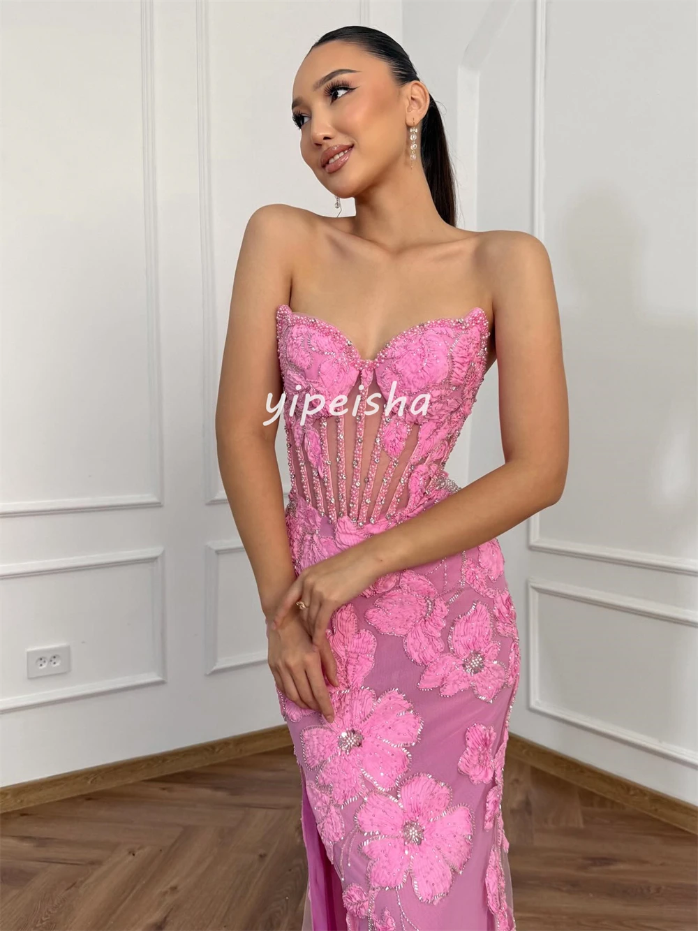 Customized Fashion Women Handmade Flower Sequined Sheath Evening Dresses Formal Sweetheart Sleeveless Floor Lenght Prom Dresses image 2
