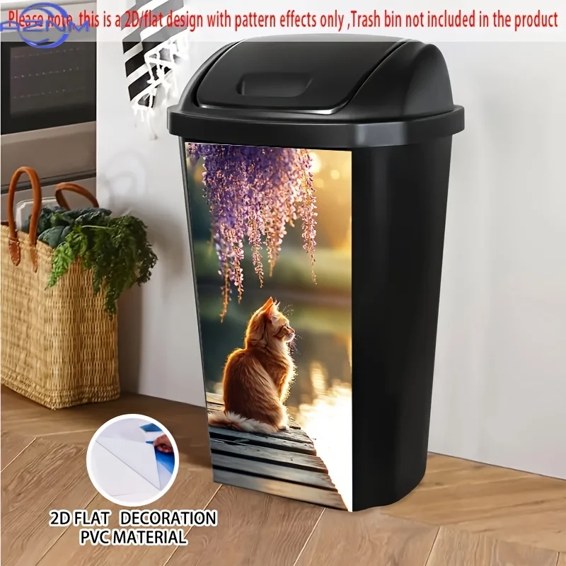 1pc UJoli 2D Flat Self-Adhesive PVC Trash Can Sticker, .01x cm - Charming Cat Under Wisteria Design, Creative Decor for Dustbi