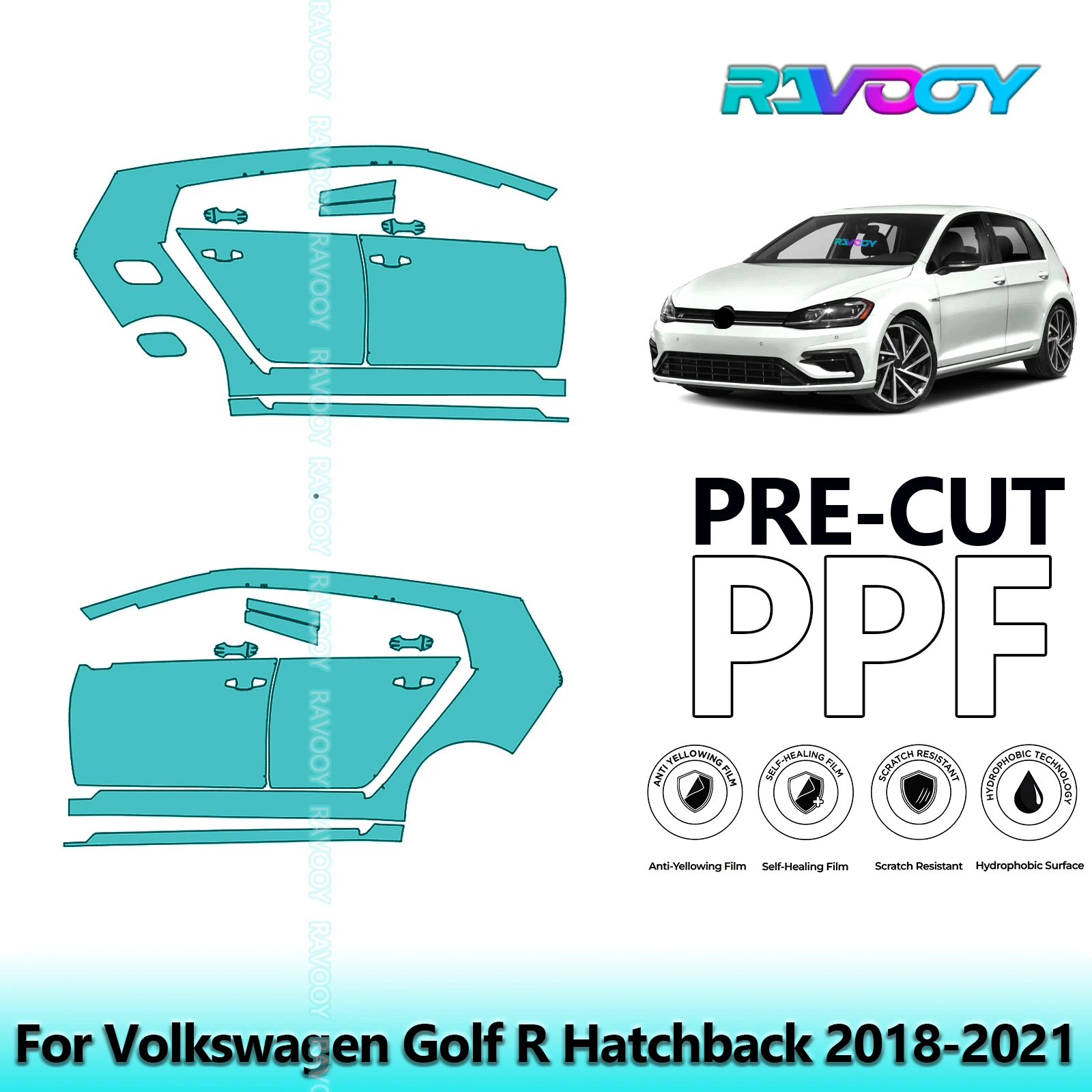 

For Volkswagen Golf R Hatchback 2018-2021 8.5mil Clear Matte Pre-Cut PPF Door & A/B Pillar Kit TPU Paint Protection Film Set