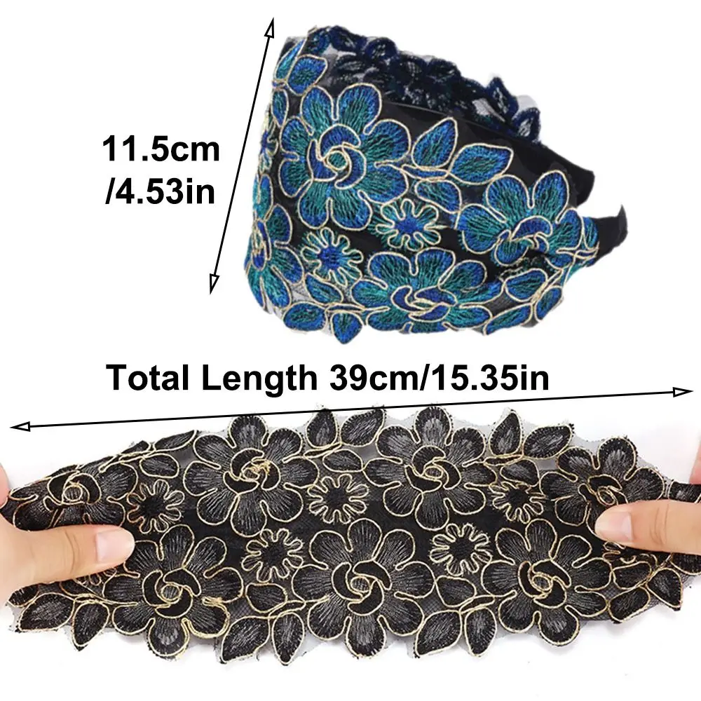 Niedliches breites Spitzen-Mesh-Haarband mit Blumen, elastisches Damen-Haarband, rutschfest, mit Hohlmuster, hohle Kopfbedeckung für Mädchen – Detail 1