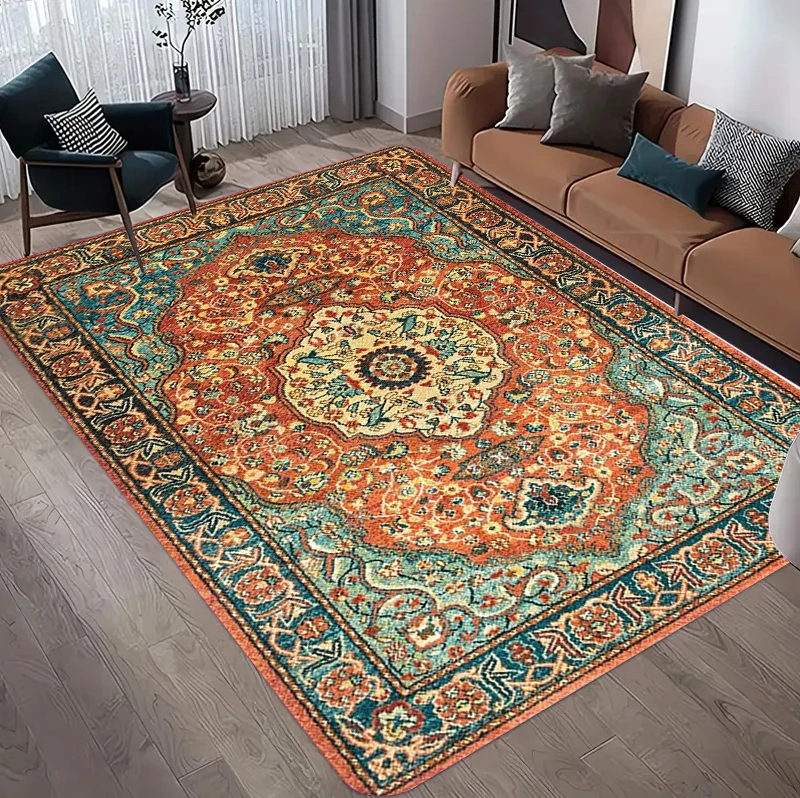 Vintage Persian Floral Carpet Mat Rug Home Decoration Living Room Oriental Medallion Border Pattern Non Slip Soft Floor Mat