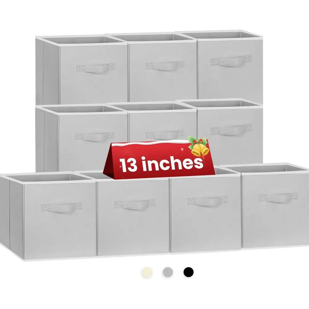 

Collapsible Fabric Cube Storage Bins, Set of 10, Grey, with Dual Handles for Closet Organization