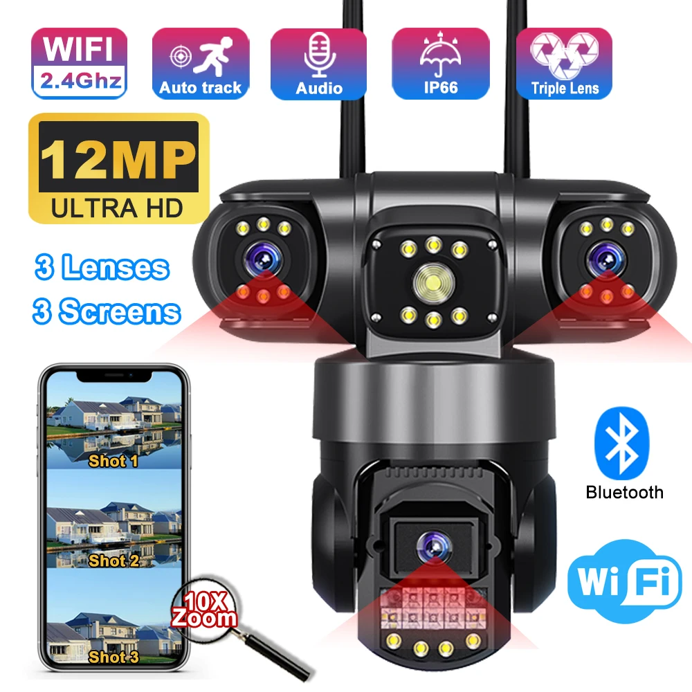 

12MP 6K Camera Security Wifi Triple Lenses Triple Screens Security CCTV IP66 Waterproof Night Vision PIR Human Detection Camears