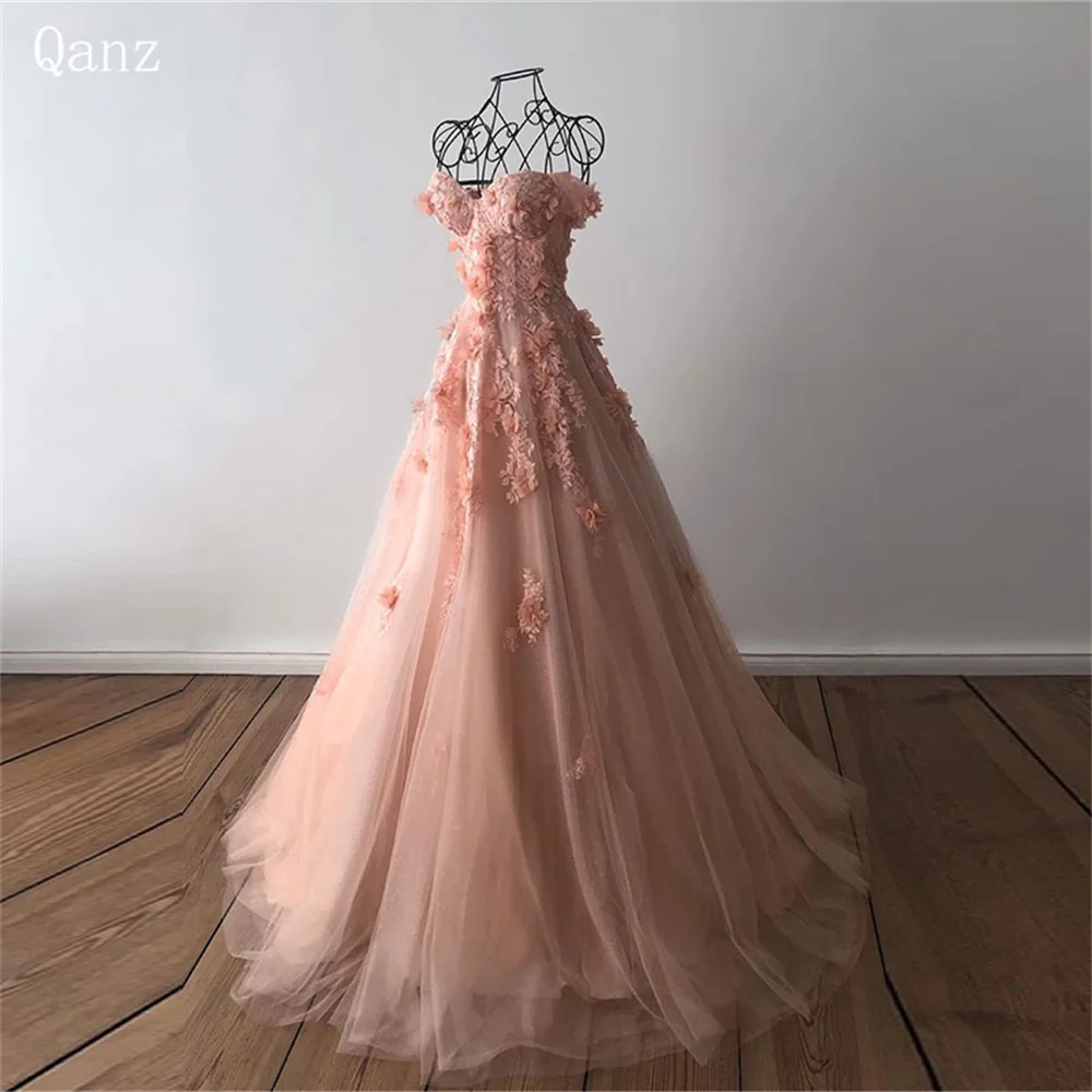 Qanz Elegant Tulle Evening Dresses Spaghetti Straps Handmade Flowers Formal Occasion Dresses Long Corset Party Gown Customized