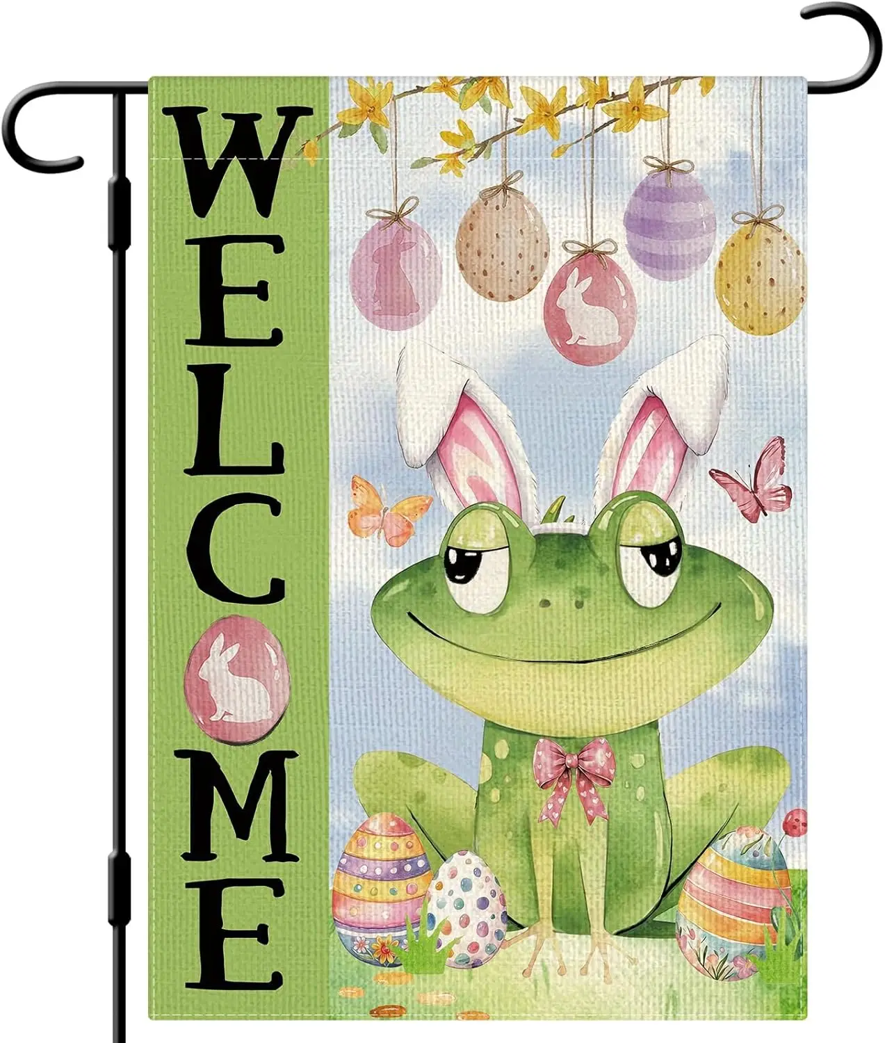 DLZDN Welcome Easter Frog Egg Garden Flag 12×18 Inch Double Side Vertical Burlap Farmhouse Yard Sign Spring Holiday Outdoor  EEZ